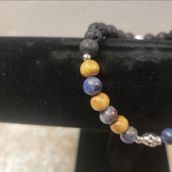 Men's Black Lava, Blue, and Wooden Beaded Stretch Bracelet with Skeleton - Picture 5 of 8